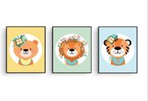 Set' affiches 3 - Animaux Ours Lion Tigre avec Fleur - 70x50cm - Décoration murale Chambre Bébé / Enfants
