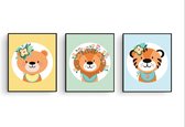 Poster Set 3 - Dieren Beer Tijger Leeuw met Bloemetje - 70x50cm  - Baby / Kinderkamer Muurdecoratie