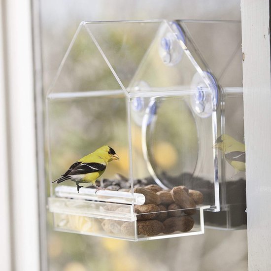 Plastic vogel huisje met voerbak voor aan het raam |