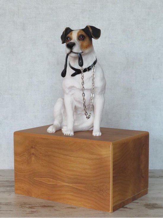 houten urn hond met zittende Jack Russell Terriër - hondenurn