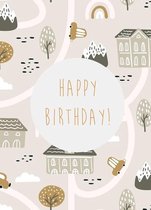 Verjaardagskaart - Ansichtkaart - Met Kraft Envelop - A6 - 10x15cm - Weg met huisjes en auto s - Happy Birthday - 3 stuks