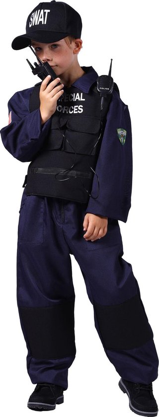SWAT Kostuum Kinderen - Politie Kostuum - Overall Vest Pet Walkie Talkie - Luxe - Verkleedkleren Kinderen - Blauw/Zwart - Maat 98/104