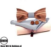 DWIH - houten Vlinderdas - Vlinderstrik van hout - houten manchetknopen -Pochette - Zilver / Grijs