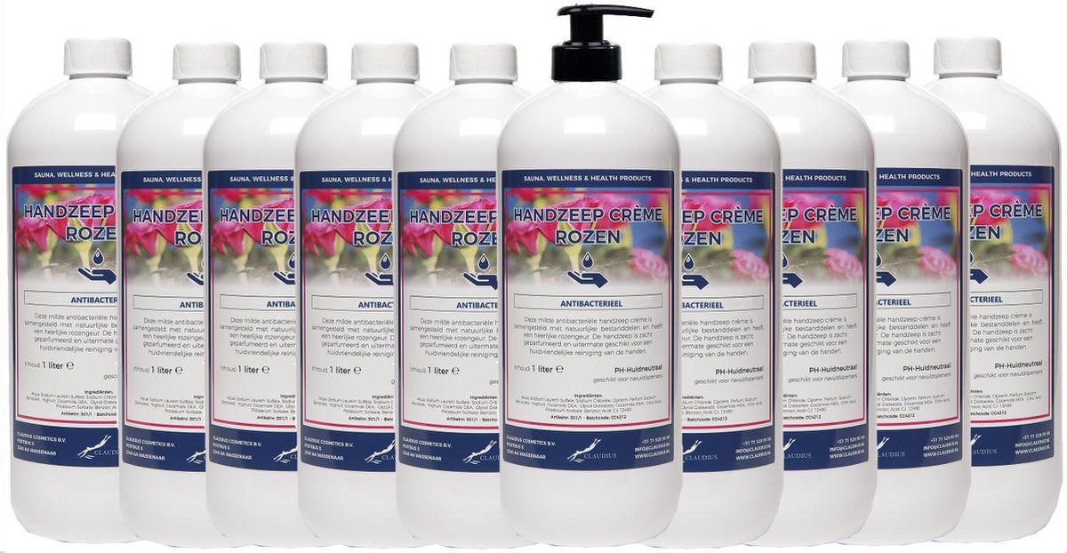 Goedkoopste Handzeep Crème Rozen 1 liter - met gratis pomp - set van 10 stuks
