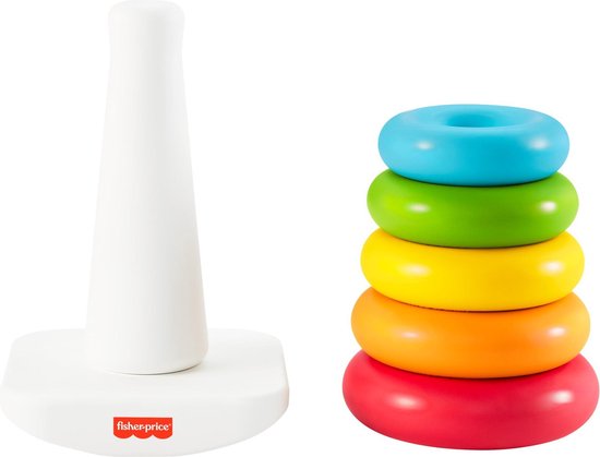 De basis en staaf van een Fisher-Price stapelpiramide, naast de vijf gekleurde ringen (rood, oranje, geel, groen, blauw).
