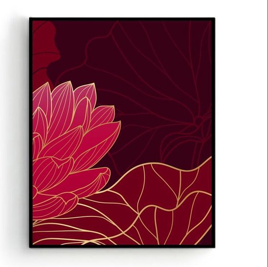 Poster Rood Gouden Lotus Rechts - 40x30cm/A3 - Planten / Bloemen - Muurdecoratie