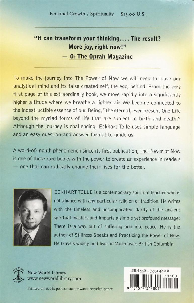 Achterkant boek "The Power of Now" van Eckhart Tolle, met een recensie van O: The Oprah Magazine, biografie van de auteur en ISBN.