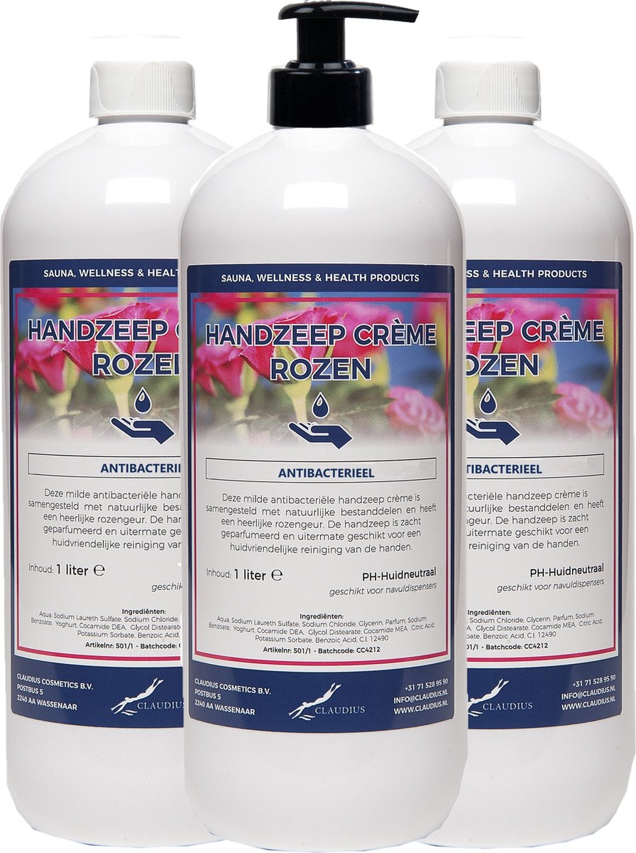 Goedkoopste Handzeep Crème Rozen 1 liter - met gratis pomp - set van 3 stuks