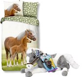 Good Morning Dekbedovertrek Haflinger met Veulen-140 x 220 cm, Paarden dekbed-katoen, incl. grote paarden knuffel - 60 cm -grijs/wit.