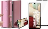 Samsung A12 Hoesje en Samsung A12 Screenprotector - Samsung Galaxy A12 Hoesje Spiegel Book Case Cover Hoes Rosegoud + Samsung A12 Screen Protector Glas Full Screen