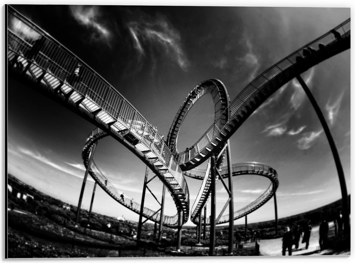 Dibond - Achtbaan met loopings (zwart;wit) - 40x30cm Foto op Aluminium (Wanddecoratie van metaal)