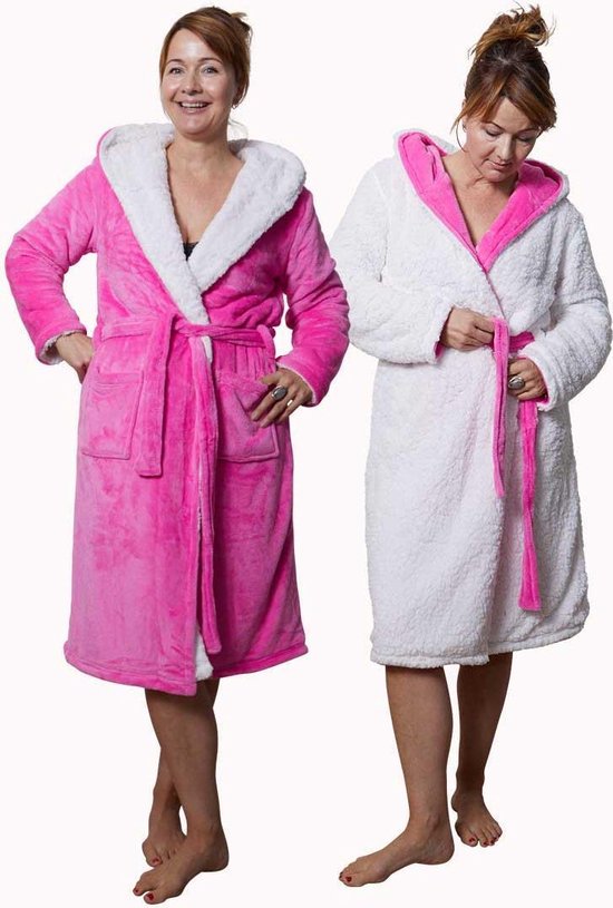 2 kanten draagbare badjas met teddy voering - hardroze - capuchon - unisex model S/M - reversible badjas fleece