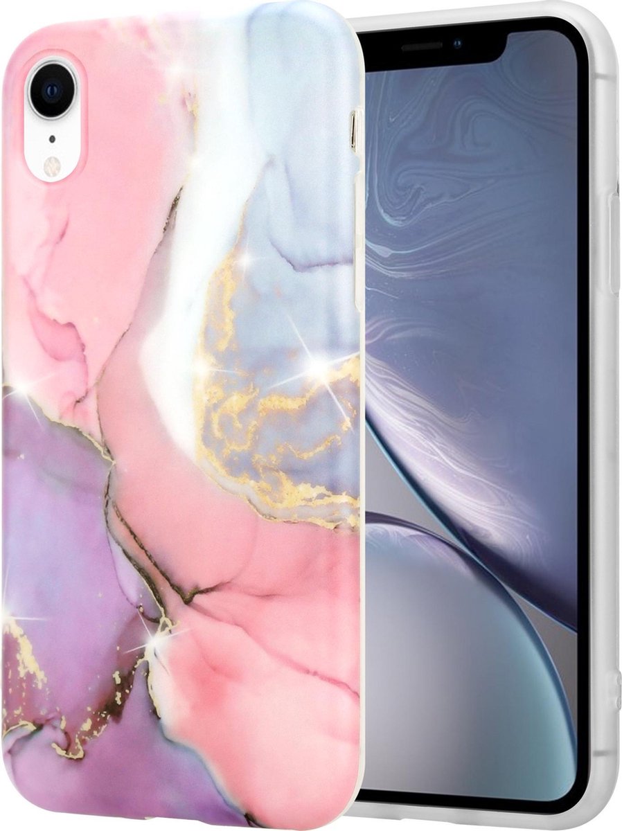 ShieldCase telefoonhoesje geschikt voor Apple iPhone Xr hoesje marmer - lila/roze - Hard Case hoesje marmer - Marble Look Shockproof Hardcase Hoesje - Backcover beschermhoesje marmer