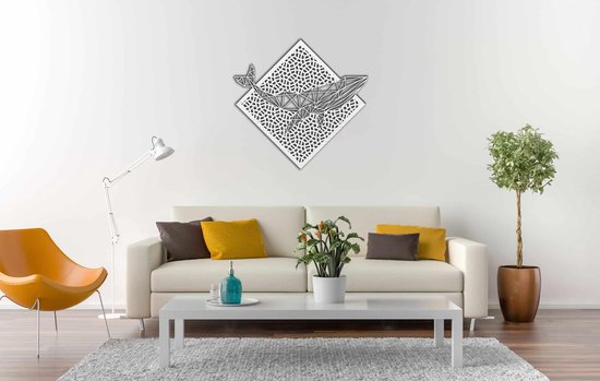 Line Art - Baleine avec fond - M - 60x62cm - AshwoodWhite - décoration murale géométrique