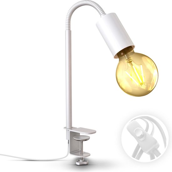B.K.Licht - Lampe à pince - lampe de lecture - avec interrupteur à câble -  pivotante - métal - blanc - excl. E27