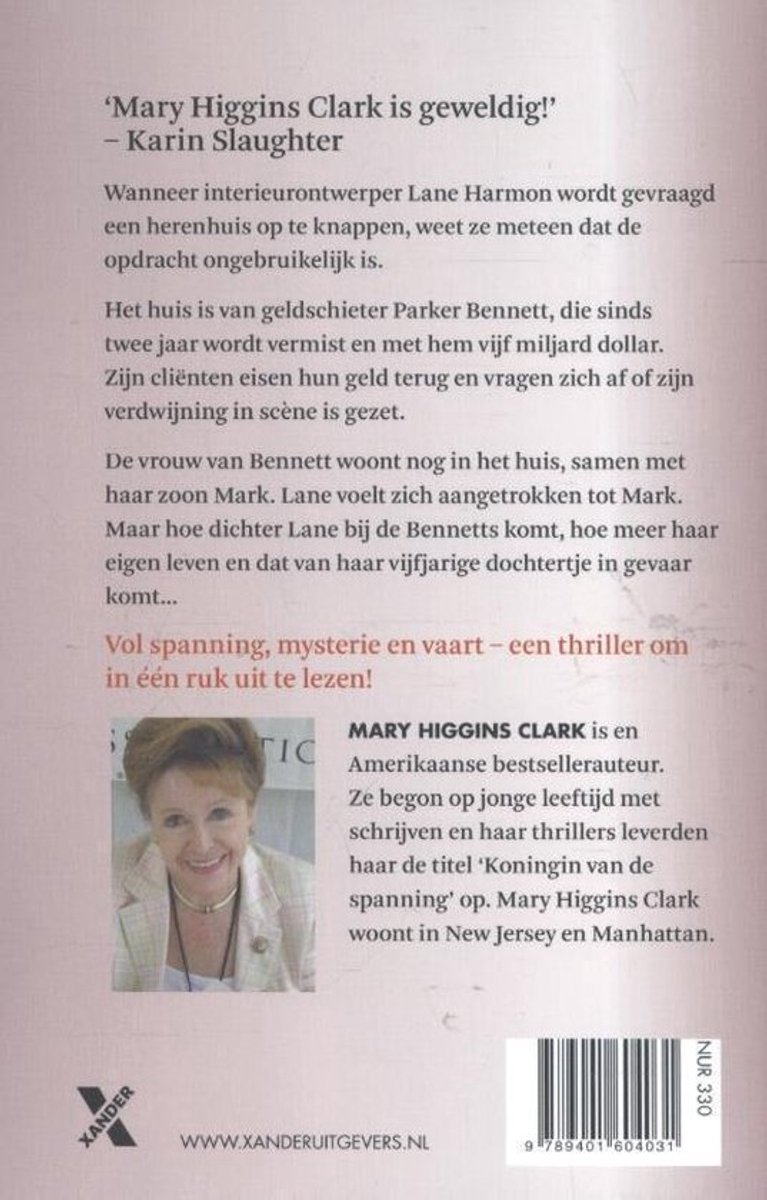 Achterkant boek met foto van Mary Higgins Clark en tekst. Titel: Te mooi om waar te zijn.