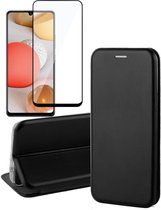 Hoesje geschikt voor Samsung Galaxy A42 - Screen Protector FullGuard - Book Case Leer ThinShield Zwart & Screenprotector