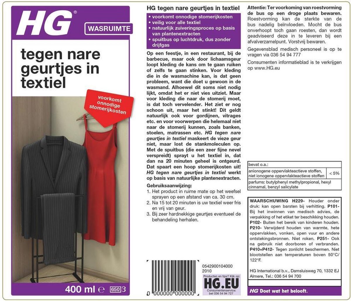 HG tegen nare geurtjes in textiel - 400ml - veilig voor alle soorten  textiel | bol.com