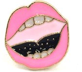 Emaille Pin Van Een Open Mond Met Roze Lippen 2.1 cm / 1.9 cm / Roze Zwart Wit