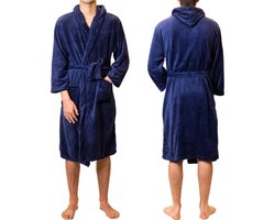 foto van Badjas Teddy Microfleece – Donkerblauw – badjas heren – maat L/XL – met capuchon - Cadeau - Oeko-Tex Standard 100