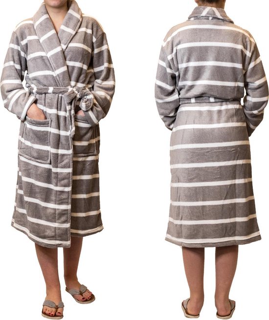 Badjas – grijs en wit gestreept – maat L/XL – badjas dames – badjas heren - Cadeau - Oeko-Tex Standard 100