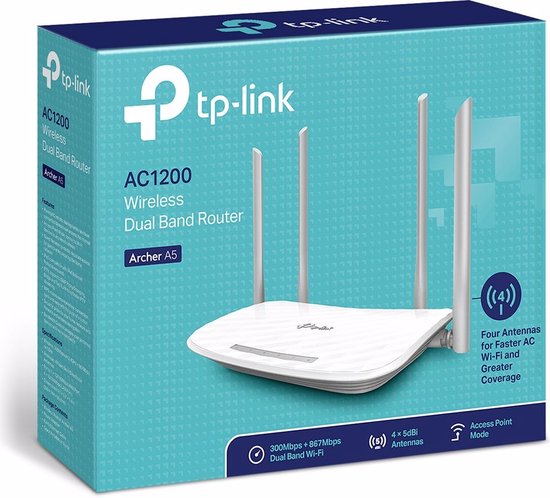 TP-Link Archer A5 AC1200 Wireless Dual Band Router doos met productafbeelding en specificaties.
