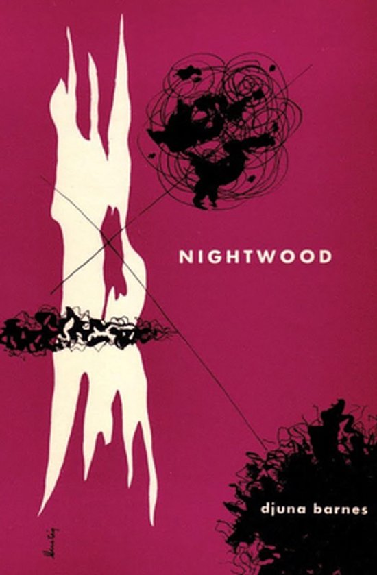 Couverture du livre 'Nightwood' avec des formes abstraites blanches sur fond fuchsia. Texte en blanc et noir.