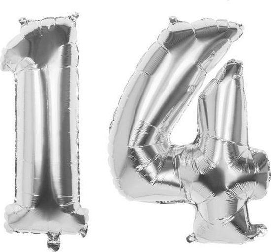 14 Jaar Folie Ballonnen Zilver- Happy Birthday - Foil Balloon - Versiering - Verjaardag - Man / Vrouw - Feest - Inclusief Opblaas Stokje & Clip - XXL - 115 cm
