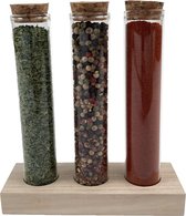 Kruidenbuisjes op Houten Voet - Kruidenpotjes in Kruidenrekje staand - Luxe Decoratie - 3 Buisjes met Natuurkurk
