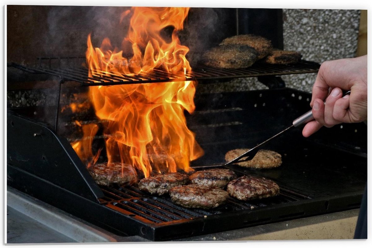 Forex - Burgers en Vuur op de Barbecue - 60x40cm Foto op Forex