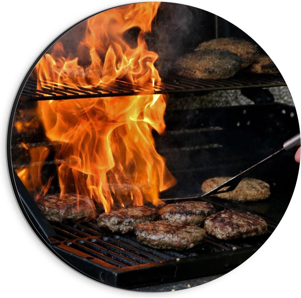 Dibond Wandcirkel - Burgers en Vuur op de Barbecue - 20x20cm Foto op Aluminium Wandcirkel 