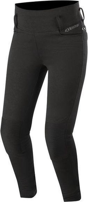 Zwarte Alpinestars motorlegging voor dames met geribbelde knieën en CE-logo.