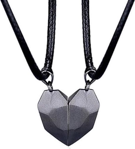 Magnetische Hartjes Ketting Set voor Hem en Haar - Zwart - Valentijn Cadeautje voor Stellen - Romantische Sieraden Set - Liefdes Cadeau