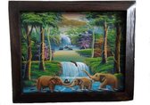Schilderij op hout Thais landschap olifanten in de rivier en bos lengte 60 cm breedte 50 cm.