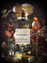Glasschilderij met metaalfolie - Chanel flesje met bloemen - schilderij fotokunst - foto print op glas - 60 x 80 cm