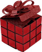 Luxe kerst geschenkdoosje met strik rood metallic glitter - 7 x 7 x 10cm