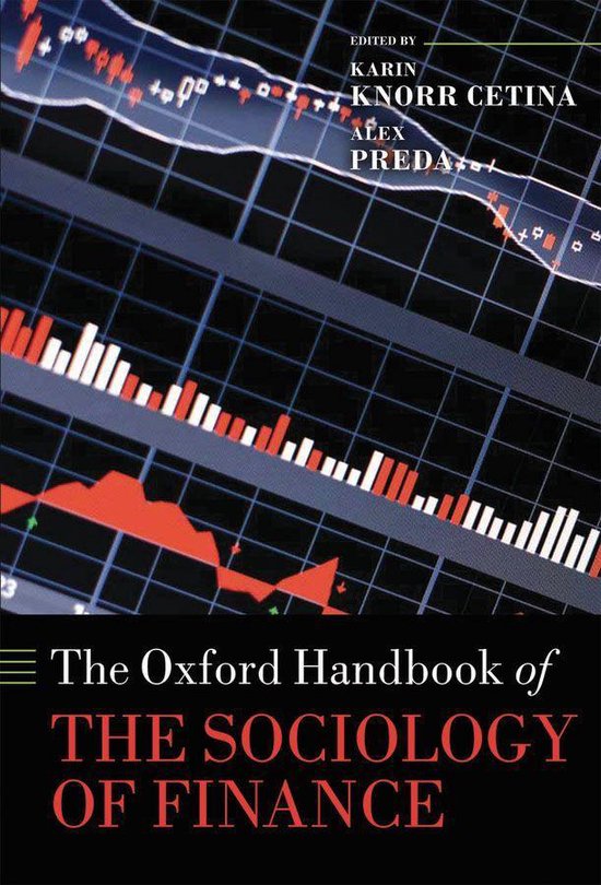 Boekomslag van The Oxford Handbook of the Sociology of Finance met een achtergrond van rode en witte financiële grafieken.
