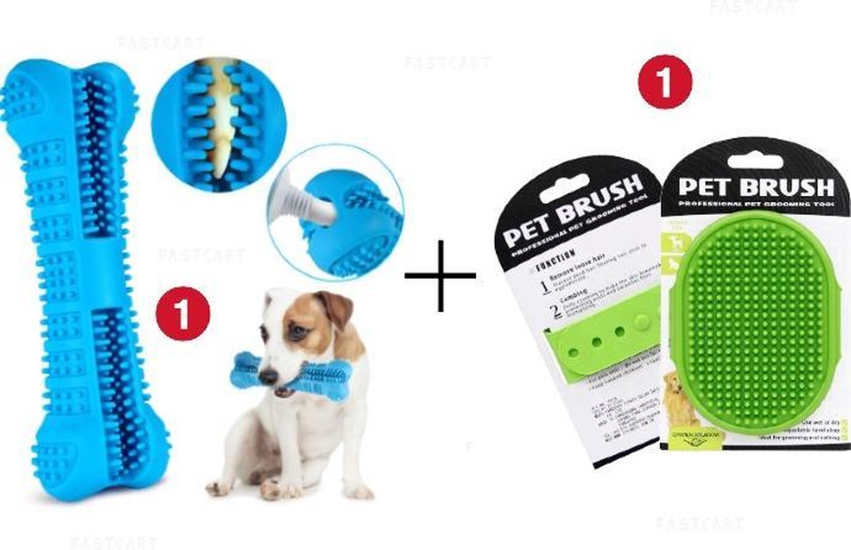 Honden Verzorgingsset - Honden Tandenborstel (Blauw) en Vachtborstel voor Hond (Groen)
