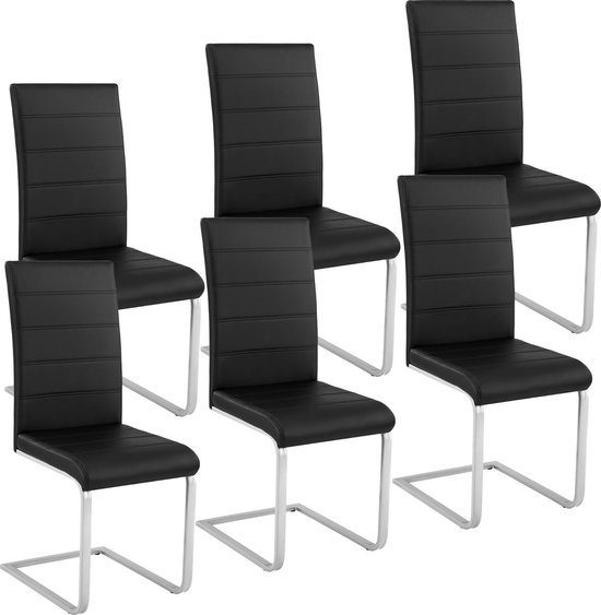 tectake® - Eetkamerstoel set van 6 - Kunstleren stoel met ergonomische rugleuning - Buisframe sledestoel - zwart