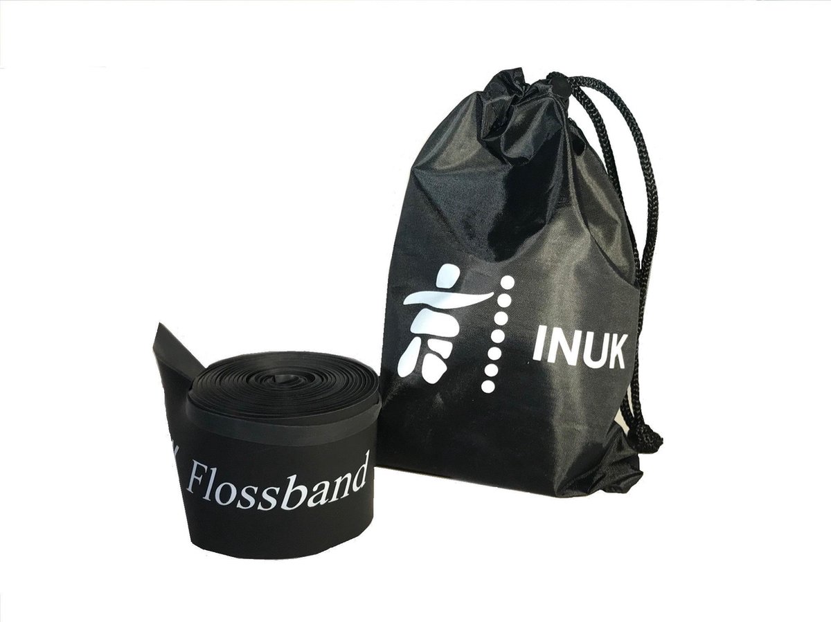 Inuk - Fascia weerstandband Flossband - 5cm x 200cm 1.3mm - Zwart - Handige opbergzak - Arm Fascia - Trainingsband