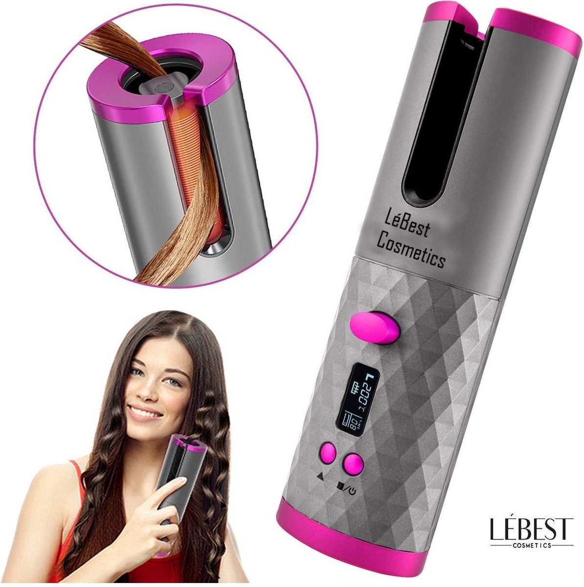 LéBest Cosmetics - Automatische Krultang - Draadloos - USB - Grijs/Roze - LéBest