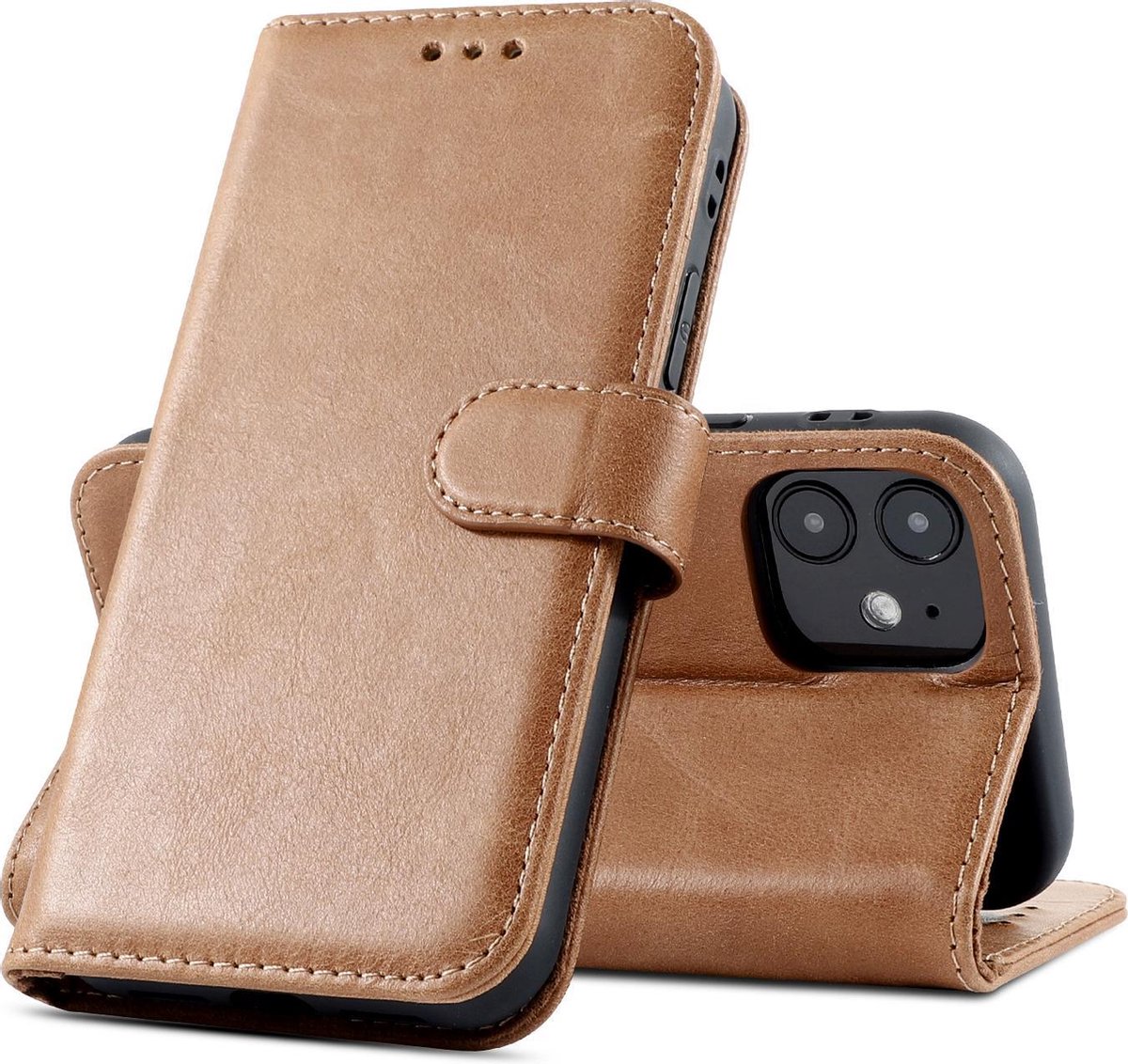 Klassiek Design - Echt Lederen Hoesje - Book Case Telefoonhoesje - Echt Leren Portemonnee Wallet Case - iPhone 12 Mini - Bruin