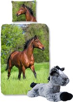 Good Morning Dekbedovertrek bruin Paard-140 x 220 cm, Paarden dekbed-katoen, met zachte paarden-knuffel 32 cm grijs