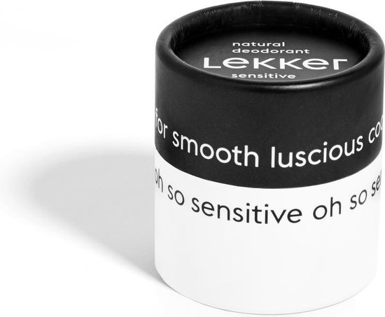 Ronde zwarte en witte verpakking voor "the Lekker company" natuurlijke deodorant, sensitief.