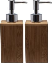 2x stuks zeeppompje/zeepdispenser bruin van bamboe 17 cm - Navulbare zeep houder - Toilet en badkamer accessoires