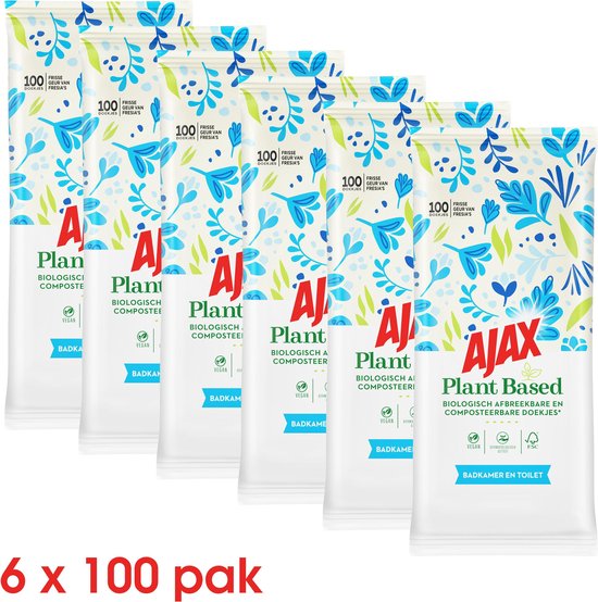 Ajax Plant Based badkamerreiniger & toilet schoonmaakdoekjes 6 x 100
