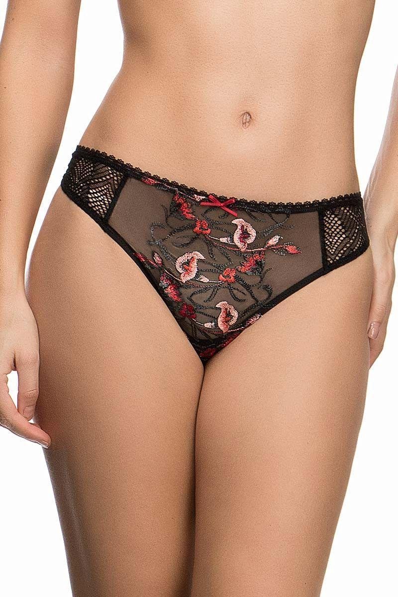 Empreinte string Ashley met geborduurde bloemen op doorschijnende tule - zwart rood gebloemd - 36