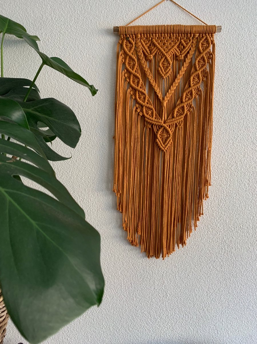 Muurdecoratie - macrame - macramé - 204 - oker - handgemaakt - knopen - touw - wanddecoratie, wandkleed