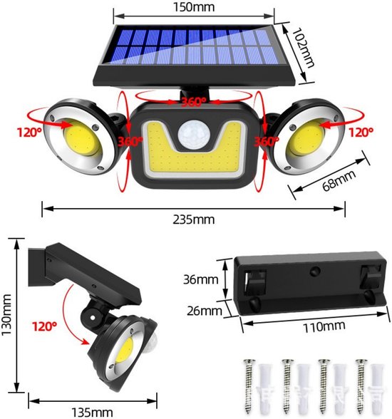 Buitenlamp met bewegingssensor – Buitenverlichting Zonne Energie – Sensor – Solar – Dag Nacht Sensor – 100 LEDS – Zwart – Zeer veel licht