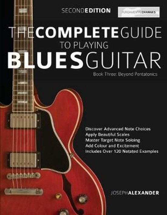 Livre "The Complete Guide to Playing Blues Guitar" avec une guitare rouge au premier plan.